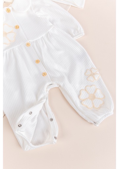 Babymod Bebe Yaka Çiçek Motifli 100% Pamuk Bandanalı Kız Bebek Tulum Krem
