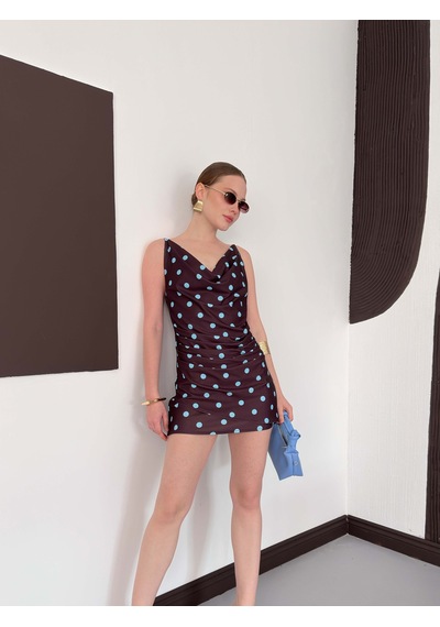 Verymoda Puantiye Baskılı Elbise D3024 Kahve Turkuaz