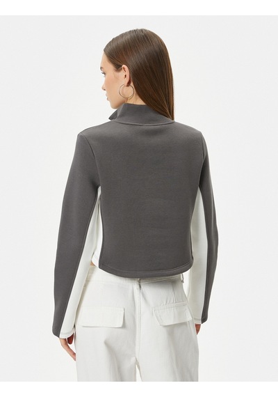 Koton Yarım Fermuarlı Sweatshirt Crop Dik Yaka Renk Bloklu Gri 4sal10520ık Gri