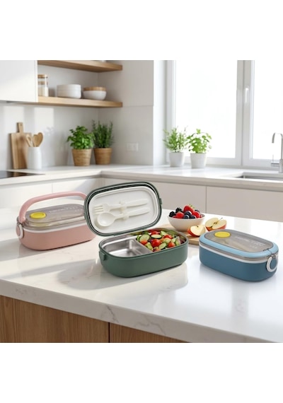 Paslanmaz Çelik Yemek Kabı 750 Ml, Çatal Kaşık Dahil, Kilitli Kapaklı Lunch Box, Yemek Taşıma Ve Saklama Kabı, 21x12x7,50 Cm, Yeşil/pembe/mavi Çok Renkli
