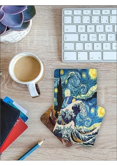 Van Gogh Temalı Ahşap Bardak Altlığı Ahşap Baskılı Altlık 6'lı Set 9 X9cm Genel