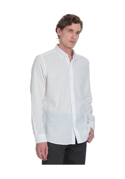 Hatemoğlu Beyaz Comfort Fit Çizgili Düğmeli Yaka 100% Pamuk Uzun Kollu Casual Gömlek