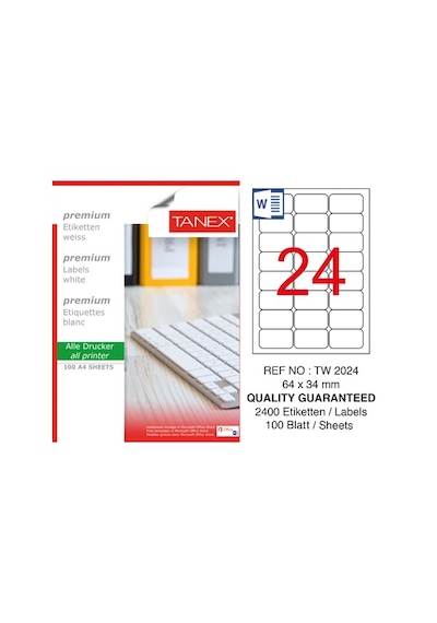 Tanex Tw-2024 Ebat 64 X 34 MM Lazer Etiket A4 Sayfada 24 Etiket