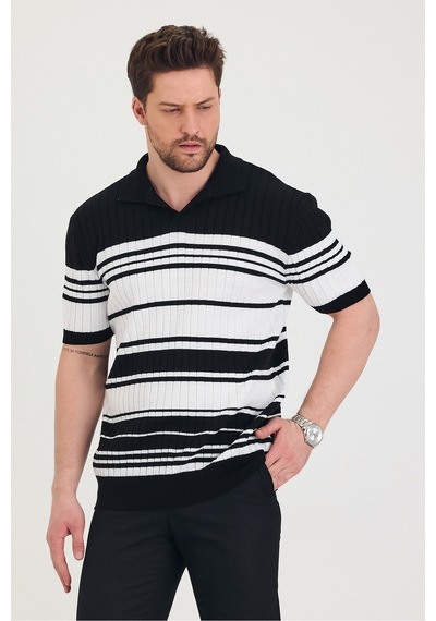 Cool Tarz Erkek Polo Siyah Beyaz Çizgi Detaylı Triko T-shirt Siyah Siyah