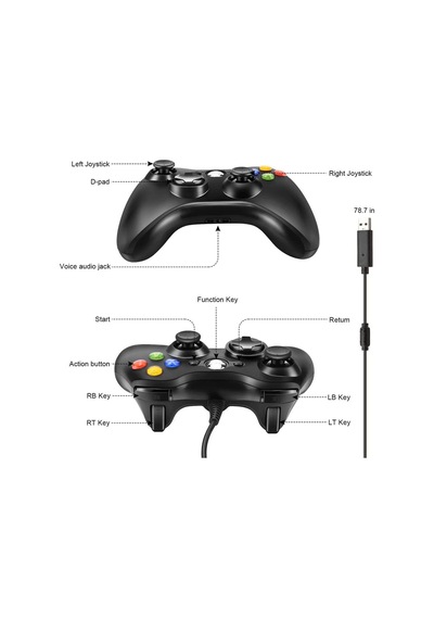 360 Usb Kablolu Oyuncu Kontroller Geliştirilmiş Ergonomik Tasarım Siyah