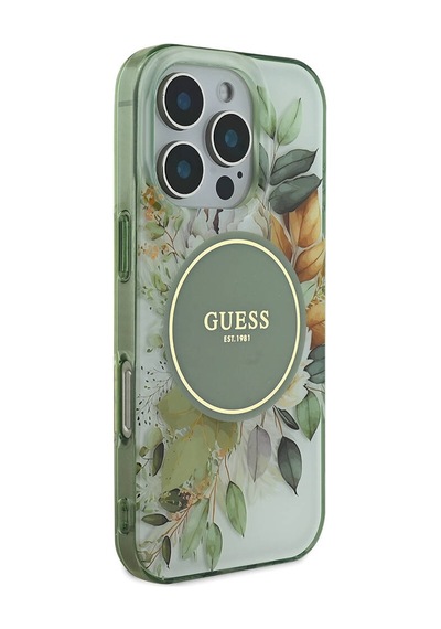 Apple iPhone 16 Pro Uyumlu Kılıf Guess Lisanslı Magsafe Şarj Özellikli Flower Tonal Circle Yeşil