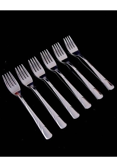 6 Adet Metal Çizgili Yemek Çatalı 19 CM Gri