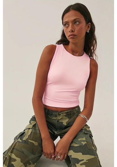 Tarz Cool Kadın Atlet Düz Basic Crop Kolsuz T-shirt Açık Pembe