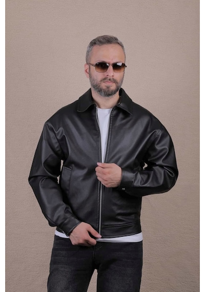 Ohepmoda Oversize Rahat Kalıp Düz Erkek Deri Ceket Siyah