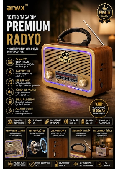 Şarjlı Işıklı Nostaljik Radyo Hoparlör Usb Tf Aux Destekli Müzik Çalar 301