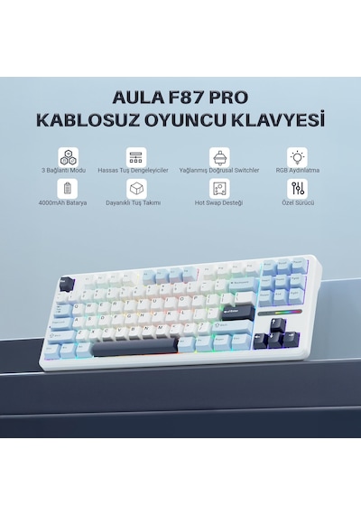 Aula F87 Pro Mekanik Rgb Tkl Graywood V3 Switch Kablosuz Makrolu Hot Swap Klavye Açık Mavi