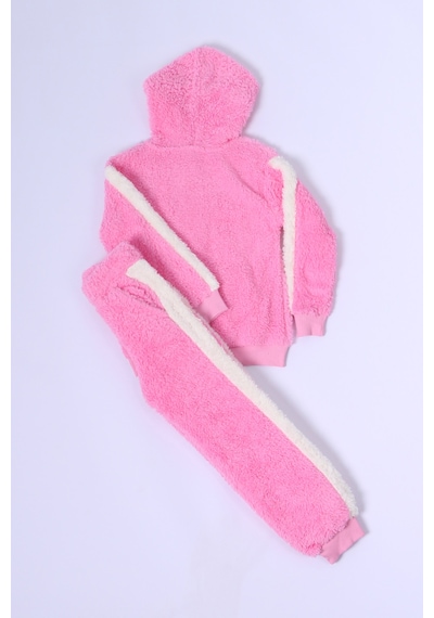 Kız Çocuk Peluş Eşofman Takımı Nakışlı Kapüşonlu D48 Pembe