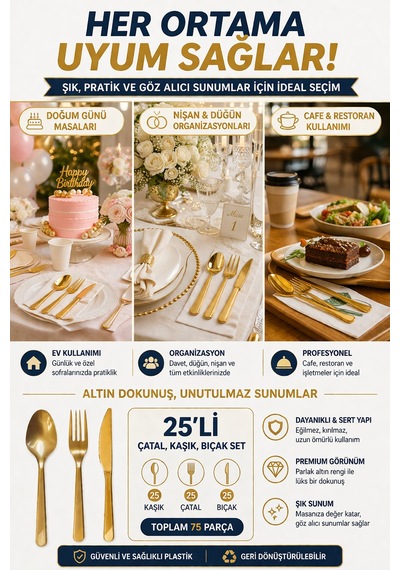 25'li Set Altın Plastik Çatal Kaşık Bıçak Seti Sert Lüks Kullan At Parti Davet Servis Seti