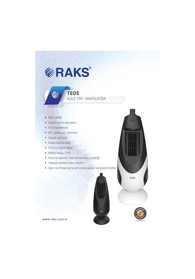Raks Teos Manuel Kontrol Kule Tipi Vantilatör 90 W