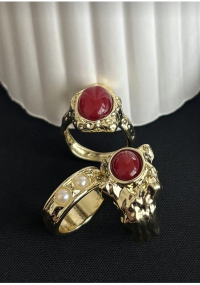 Lunarie Vintage Dövme Kırmızı Taşlı 3'lü Yüzük Seti Altın