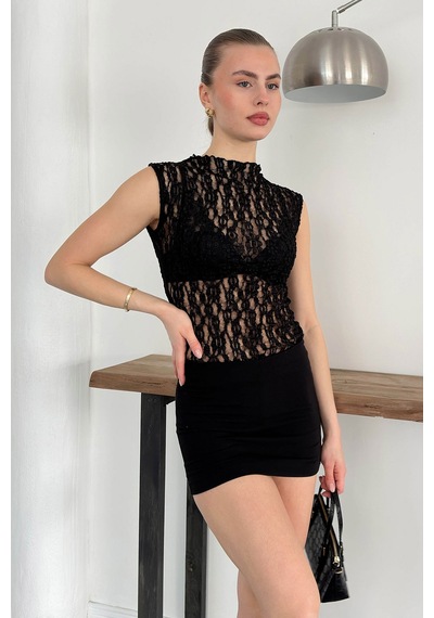 Verymoda Sıfır Kol Dantel Bluz D2750 Siyah