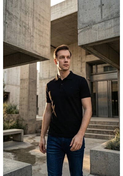 Süvari Slim Fit Düz Baskısız Pike Düğmeli Polo Yaka Nefes Alabilen T-shirt Siyah