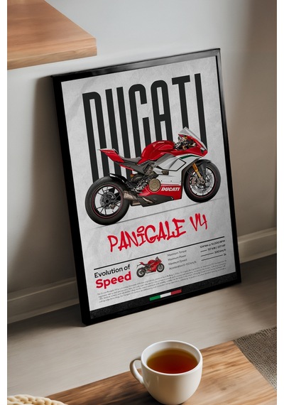 Ducati Panigale V4 Siyah Ahşap Çerçeveli Poster, Dekoratif Motosiklet Duvar Tablosu
