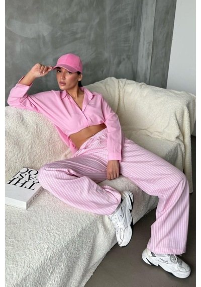 Madmext Pembe Beli Ayarlanabilir Çizgili Cepli Bol Paça Kadın Pantolon Mg2312 Pembe
