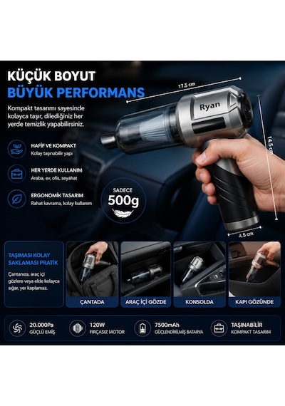 120w Şarjlı Araç Süpürgesi 20.000pa Güçlü Emiş 7500mah El Süpürgesi Üfleyici 3 Filtreli Ry-vc20