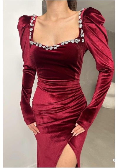 DefyModa Kadın Hediyelik Kare Yaka Taş Detaylı Uzun Kollu Abiye Elbise Bordo