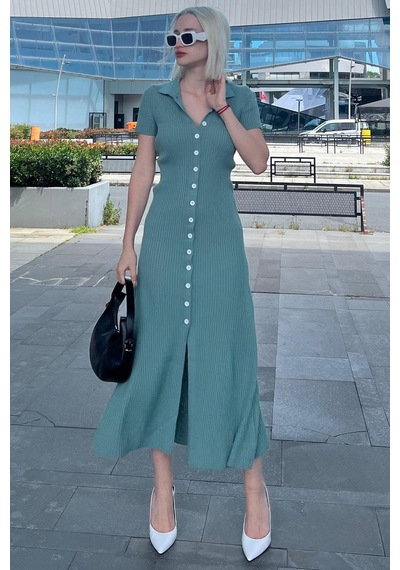 Madmext Mint Yeşili Düğmeli V Yaka Uzun Triko Elbise Mg2078-mint Yeşili Mint Yeşili