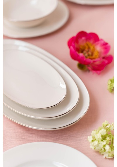 Ceyda Platin Kenarlı Porselen Kayık Tabak 25 Cm Ekru