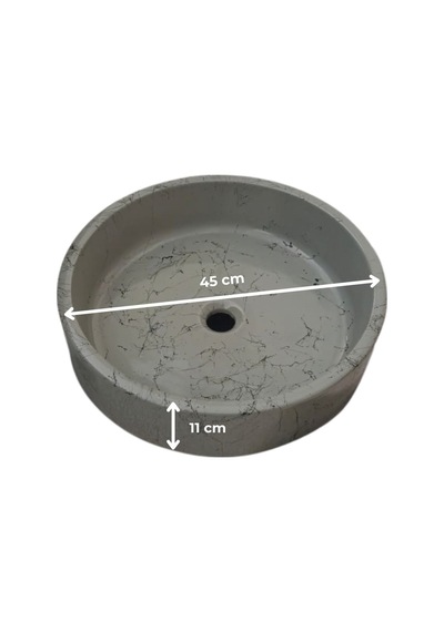 Mermer Desenli Tezgah Üstü Yuvarlak Çanak Taş Lavabo 45 Cm Gri
