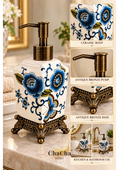 Chacha Home Aurelia Seramik Sıvı Sabunluk 470 Ml Antik Bronz Görünümlü Ayaklı Ve Pompalı 22 Cm Mavi
