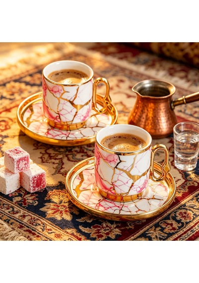 Valkyrie 12 Parça 6 Kişilik 80 Ml Türk Kahvesi Fincan Seti Pembe Mermer Desenli Gold Detay K653 Pembe