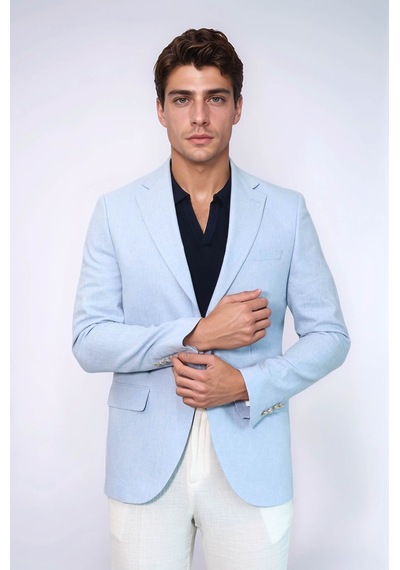 Açık Mavi Keten Dokulu Gold Renk Metal Düğmeli Slim Fit Erkek Blazer Ceket - Wessi Blue