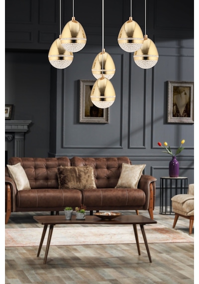 Amaya 6'lı Yuvarlak Gold Damla Başlıklı Modern Salon Led Avize Gold