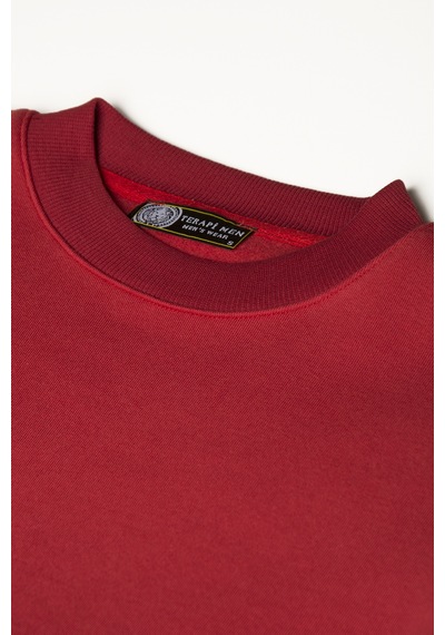 Unisex Kırmızı Oversize Kalın Üç Iplik Şardonlu Bisiklet Yaka Basic Sweatshirt Kırmızı