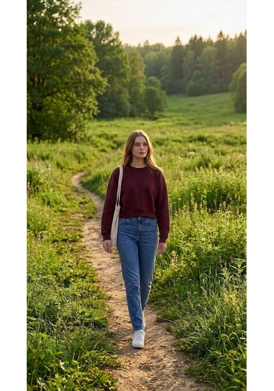 Luxıc Core Kadın Crop Bisiklet Yaka Sweatshirt Pamuklu Yumuşak Dokulu Günlük Spor Sweatshirt Bordo