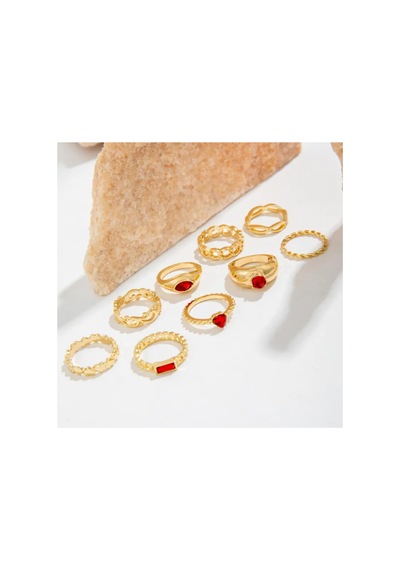 Blush 9 Adet Gold Renkli Kırmızı Taşlı Kalp Oymalı Vintage Tasarım Altın Yüzük Seti