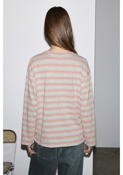 Grımelange Basıl Kadını Oversize %100 Organik Pamuk Örme Uzun Kol Pembe Çizgili T-shirt