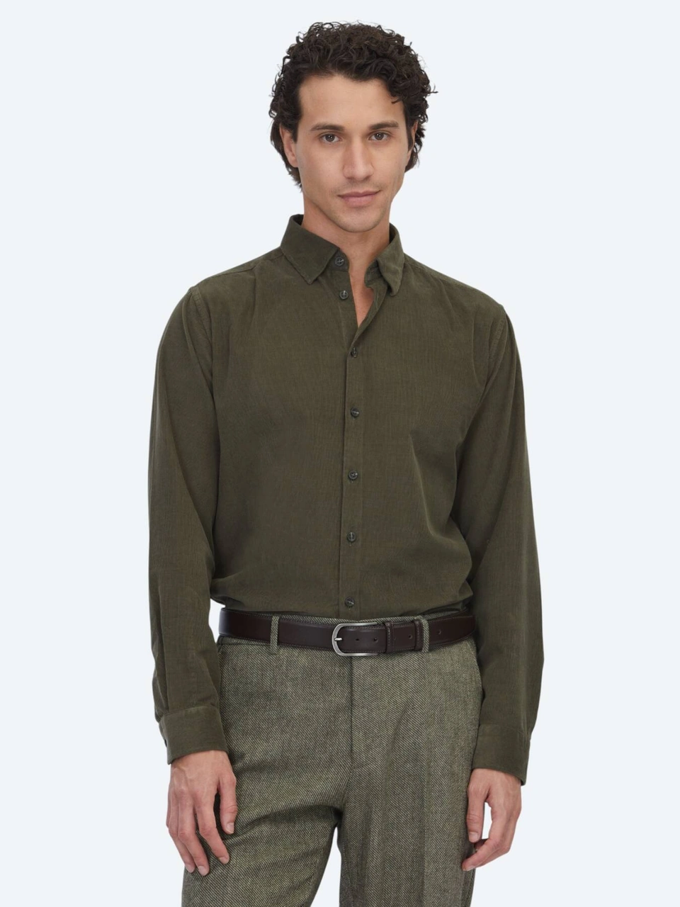 Kip Haki Çizgili Regular Fit Dokuma Kadife Casual %100 Pamuk Gömlek Haki