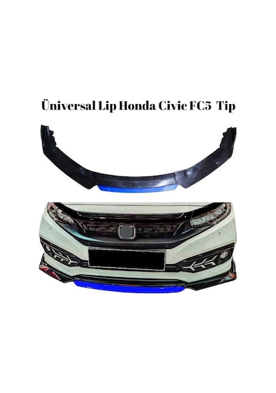Üniversal Lip Honda Civic FC5 Tip Mavi Detaylı Ön Tampon Eki Kanatlı Lip 4 Parça