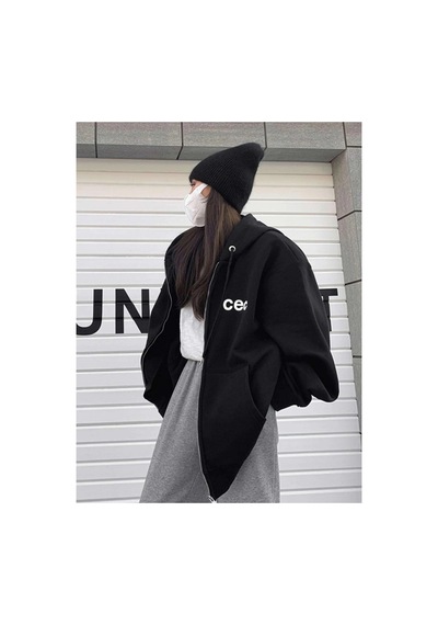 Tarzsokak Unisex Siyah Cec Baskılı Oversize Kapüşonlu Hırka