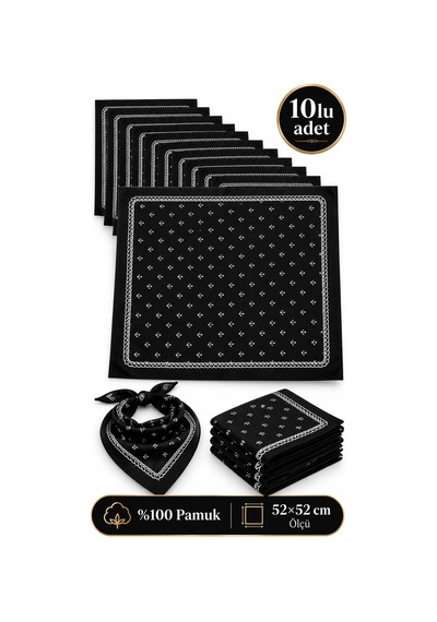 Herşeynota 10'lu Siyah Denizci Desenli Fular 52x52 Cm %100 Pamuk Kare Bandana Seti Çok Renkli