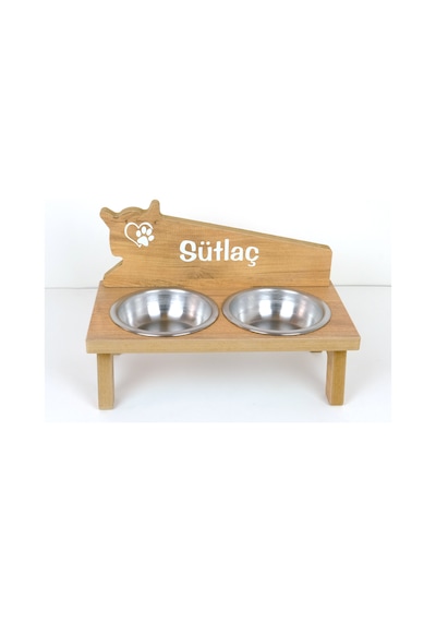 Realwood Ahşap Özel İsim Baskılı Çelik Kaseli Kedi Köpek Mama Su Kabı 450 ML