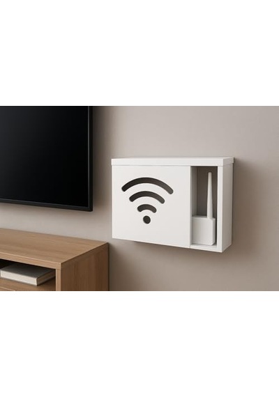 Ahşap Modem Saklama Kutusu Dekoratif Wifi Saklama Kutusu Demonte 35 X 40 Cm Sürgülü Kapak Wi-fi Desenli Açık Bej