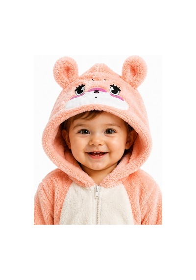 Tatlı Ayıcık Desenli Welsoft Peluş Kapüşonlu Fermuarlı Kışlık Unisex Bebek Tulumu 40197 Somon