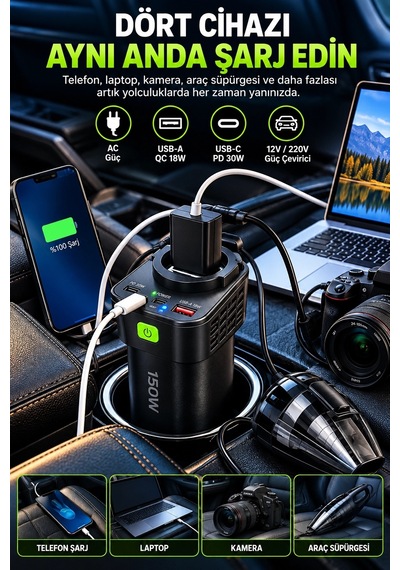Kargo 150w Araç İçi Şarj Adaptörü 12v 220v Çakmaklık Girişli 30w Type-c 18w Usb Hızlı Şarj Najmaddin
