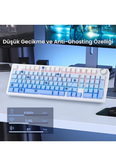 Aula F99 Pro 3 Modlu Rgb Hot Swap Mekanik Nimbus V3 Switch Kablosuz Makrolu Klavye Gradyan Mavi
