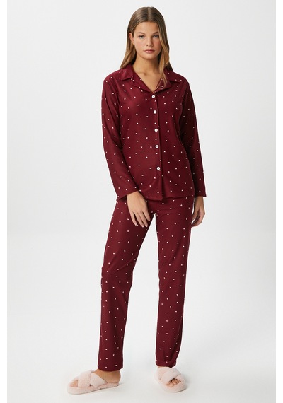 Ritnice Kadın Nora Premium Bordo Kalp Süet Doku Düğmeli Yılbaşı Pijama Takımı Bordo