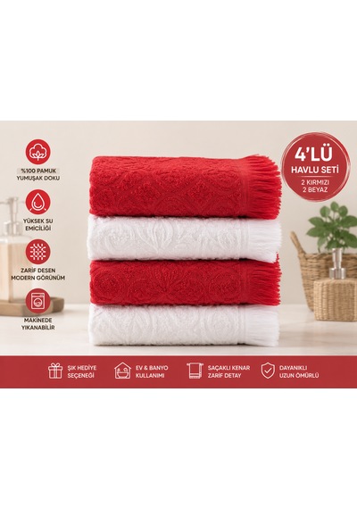 Pamuklu Mutfak Havlusu 4'lü Set 30x50 Cm El Ve Kurulama Havlusu Yumuşak Emici Çok Amaçlı Kırmızı