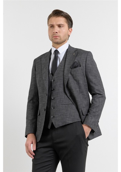 İmza Siyah-antrasit Mono Yaka 6 Drop Slim Fit Tam Astar Keten Karışımlı Takım Elbise 1001260150 Siyah - Antrasit