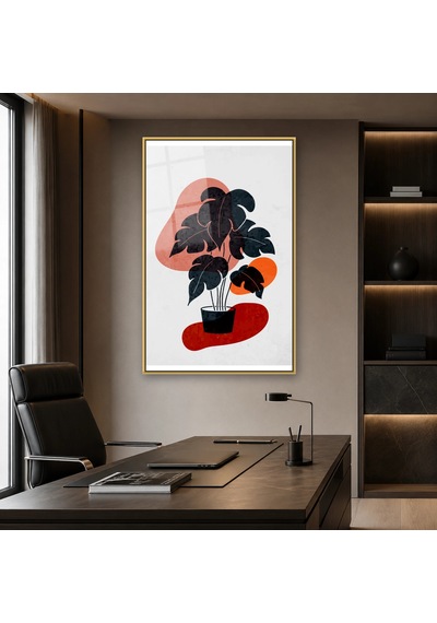 Saksıda Minimal Monstera Gold Çerçeveli Cam Tablo