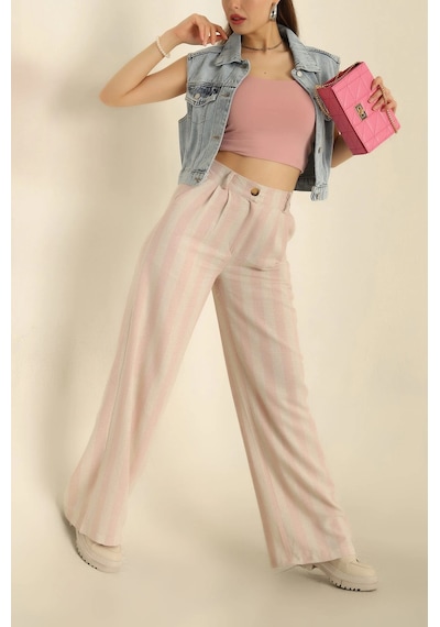 Vıoshıne Kadın Çizgili Bol Paça Keten Pantolon-pembe Pembe